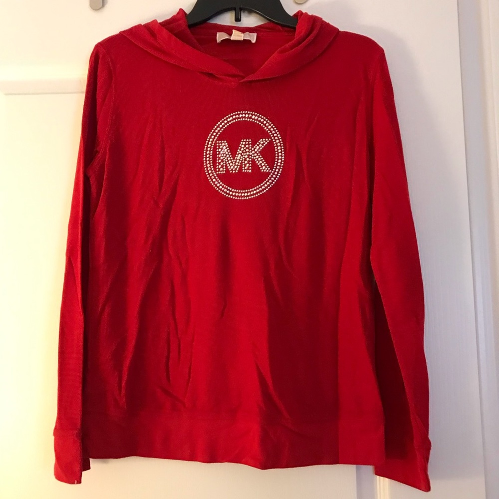 Michael Kors red long sleeve hoodie with MK logo in rhinestones on front. Large